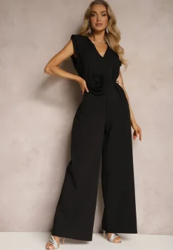 Czarny Kombinezon Wykończony Prostymi Szerokimi Nogawkami z Wiskozą i Kwiatem 3D Dimentia