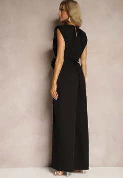 Czarny Kombinezon Wykończony Prostymi Szerokimi Nogawkami z Wiskozą i Kwiatem 3D Dimentia