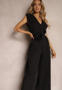 Czarny Kombinezon Wykończony Prostymi Szerokimi Nogawkami z Wiskozą i Kwiatem 3D Dimentia