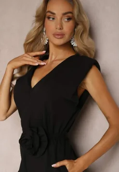 Czarny Kombinezon Wykończony Prostymi Szerokimi Nogawkami z Wiskozą i Kwiatem 3D Dimentia