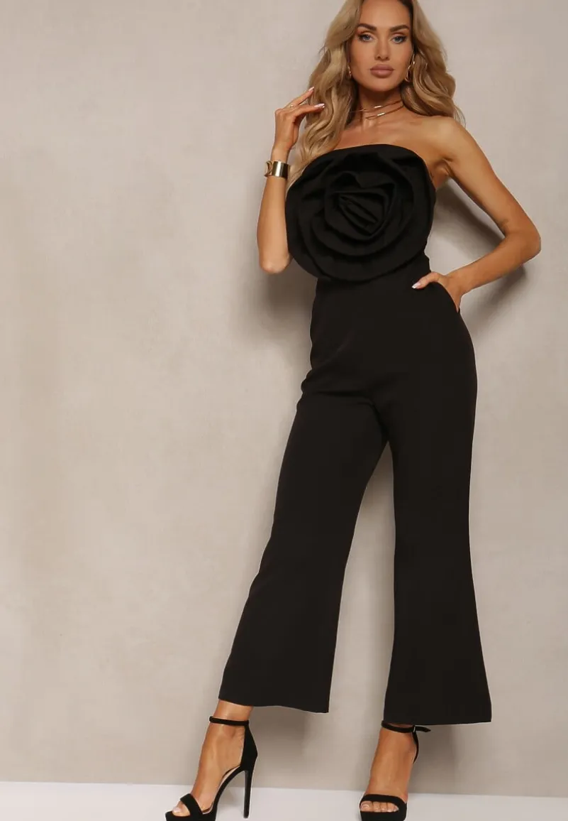 Czarny Kombinezon z Dużym Naszytym Kwiatem bez Rękawów Usemia