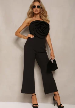 Czarny Kombinezon z Dużym Naszytym Kwiatem bez Rękawów Usemia