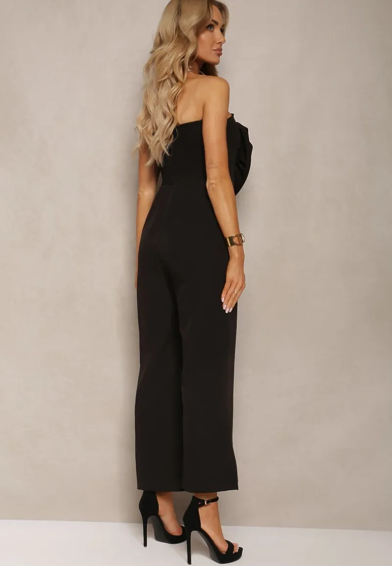 Czarny Kombinezon z Dużym Naszytym Kwiatem bez Rękawów Usemia