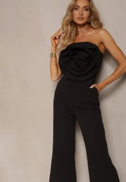 Czarny Kombinezon z Dużym Naszytym Kwiatem bez Rękawów Usemia