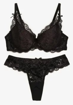 Czarny Komplet Bielizny z Koronką i Kokardkami Biustonosz i Stringi Nasorinne