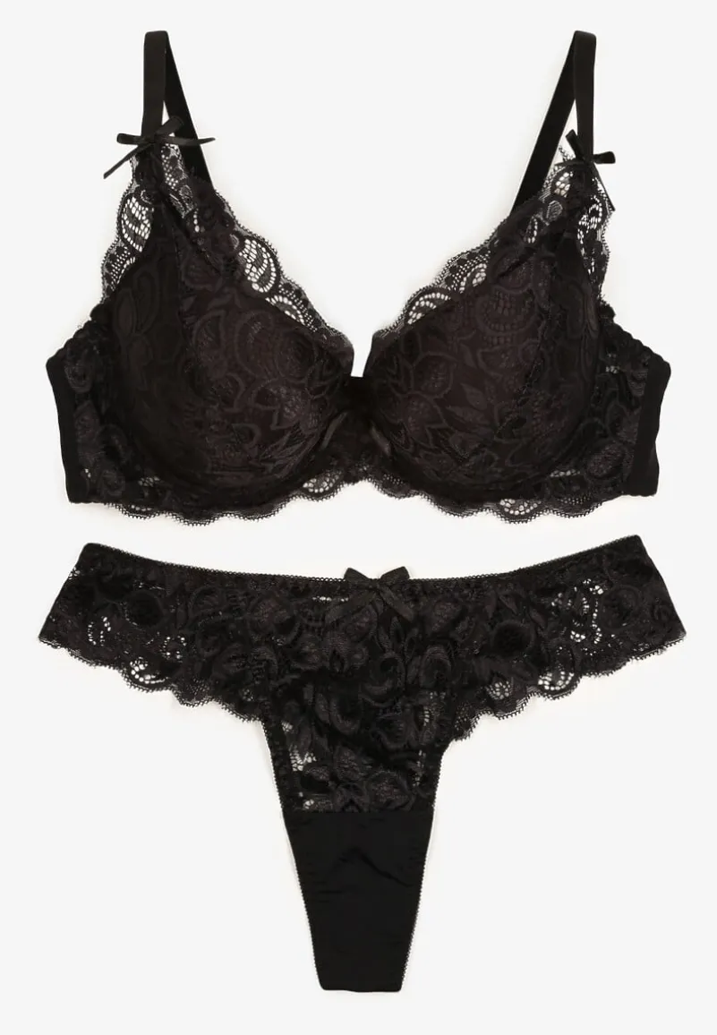 Czarny Komplet Bielizny z Koronką i Kokardkami Biustonosz i Stringi Nasorinne