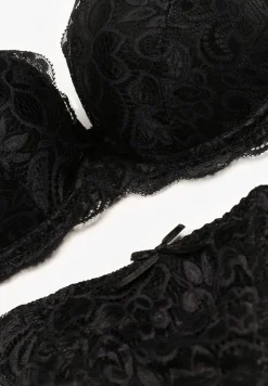 Czarny Komplet Bielizny z Koronką i Kokardkami Biustonosz i Stringi Nasorinne