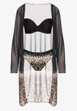 Czarny Komplet Bikini Majtki Figi Biustonosz i Narzutka w Panterkę Paselina