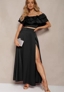 Czarny Komplet Długa Spódnica Rozkloszowana z Rozcięciem na Boku oraz Bluzka Hiszpanka Virera