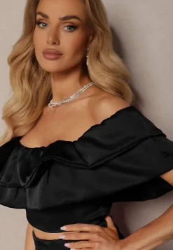 Czarny Komplet Długa Spódnica Rozkloszowana z Rozcięciem na Boku oraz Bluzka Hiszpanka Virera