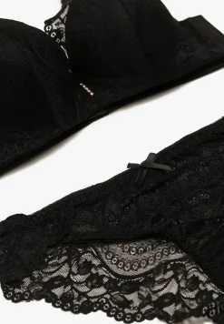 Czarny Komplet Koronkowy z Kokardkami Majtki typu Figi i Biustonosz Full Cup Iriniues