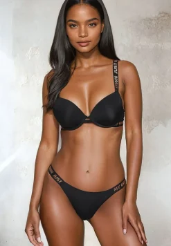 Czarny Komplet Ozdobiony Napisami z Biustonoszem z Efektem Push-Up i Majtkami Bralicia