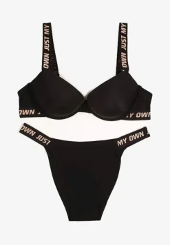 Czarny Komplet Ozdobiony Napisami z Biustonoszem z Efektem Push-Up i Majtkami Bralicia