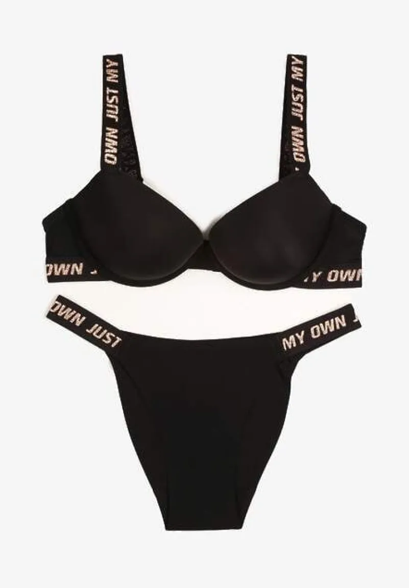 Czarny Komplet Ozdobiony Napisami z Biustonoszem z Efektem Push-Up i Majtkami Bralicia
