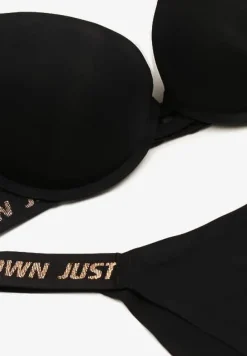 Czarny Komplet Ozdobiony Napisami z Biustonoszem z Efektem Push-Up i Majtkami Bralicia