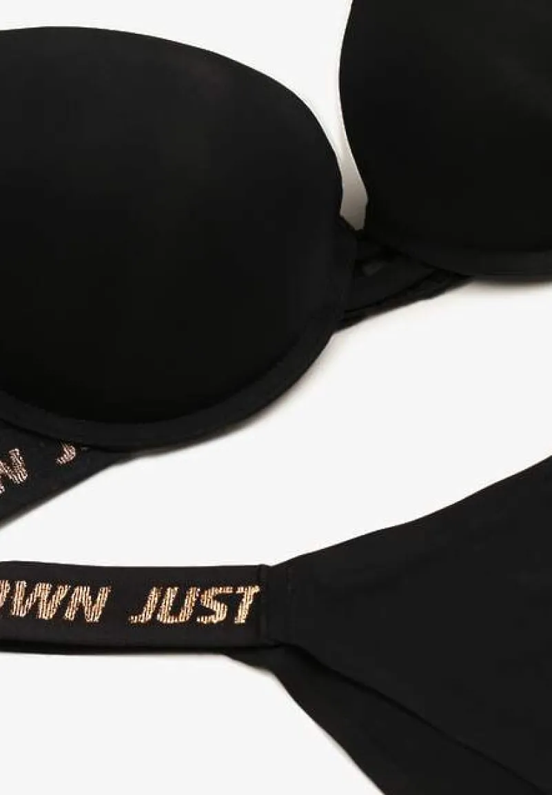 Czarny Komplet Ozdobiony Napisami z Biustonoszem z Efektem Push-Up i Majtkami Bralicia