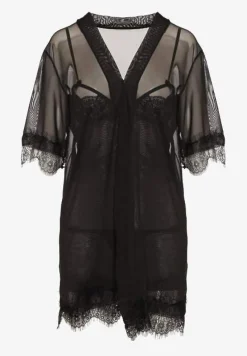 Czarny Komplet Piżamowy z Siateczki Koszula Nocna Szlafrok Stringi Liamara