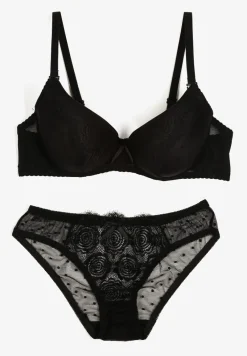 Czarny Komplet z Koronką Figi i Usztywniany Biustonosz z Kokardami Iridorea