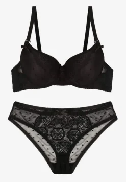 Czarny Komplet z Koronki Majtki Typu Figi i Biustonosz z Kokardami i Usztywnieniem Arrbelia