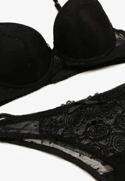 Czarny Komplet z Koronki Majtki Typu Figi i Biustonosz z Kokardami i Usztywnieniem Arrbelia