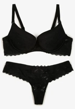 Czarny Koronkowy Komplet Bielizny Biustonosz Usztywniony Push Up i Stringi Jasminesa