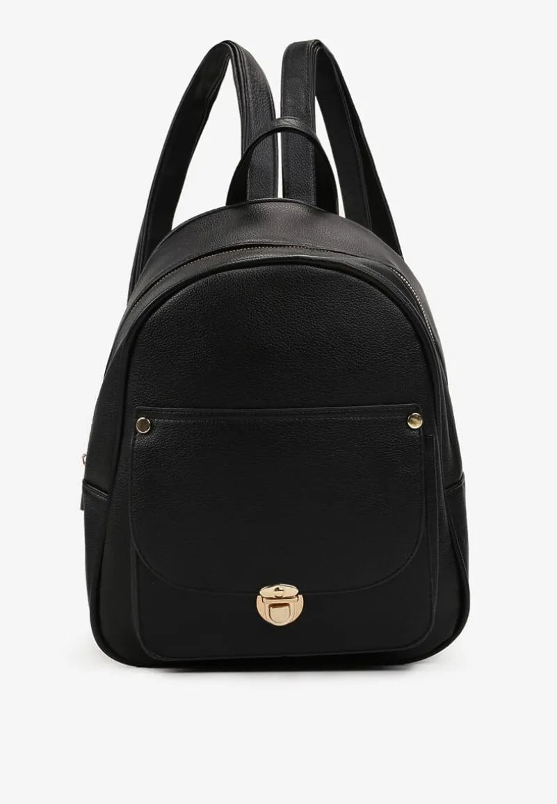 Czarny Plecak z Ekoskóry z Dodatkową Kieszenią z Przodu Deboee