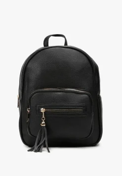 Czarny Plecak z Ekoskóry z Suwakiem i Frędzlami na Regulowanych Szelkach Umbriel