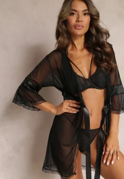 Czarny Prześwitujący Szlafrok ze Stringami Placitra