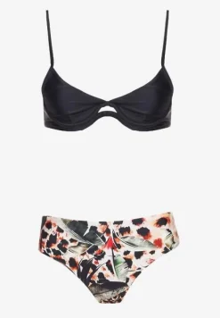 Czarny Strój Kąpielowy Bikini z Usztywnionym Biustonoszem i Wzorzystymi Figami Pialette