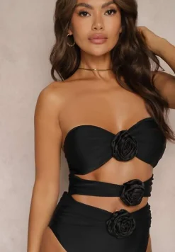 Czarny Strój Kąpielowy Jednoczęściowy Bez Ramiączek z Aplikacją Kwiatu Nansilah