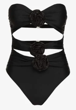 Czarny Strój Kąpielowy Jednoczęściowy Bez Ramiączek z Aplikacją Kwiatu Nansilah