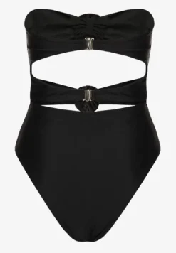 Czarny Strój Kąpielowy Jednoczęściowy Bez Ramiączek z Aplikacją Kwiatu Nansilah