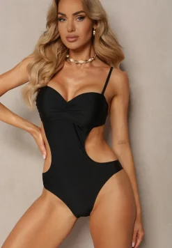Czarny Strój Kąpielowy Jednoczęściowy z Wycięciami w Talii i na Plecach Tovantia