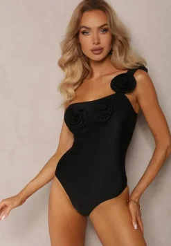 Czarny Strój Kąpielowy Jednoczęściowy o Asymetrycznym Kroju z Kwiatową Aplikacją Irisabel