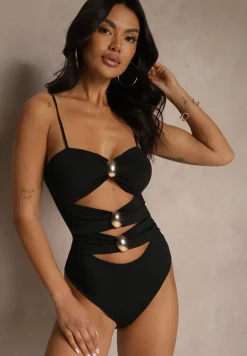Czarny Strój Kąpielowy z Wycięciami i Metalicznymi Zdobieniami Ovinellea