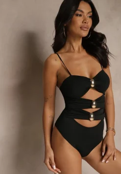 Czarny Strój Kąpielowy z Wycięciami i Metalicznymi Zdobieniami Ovinellea