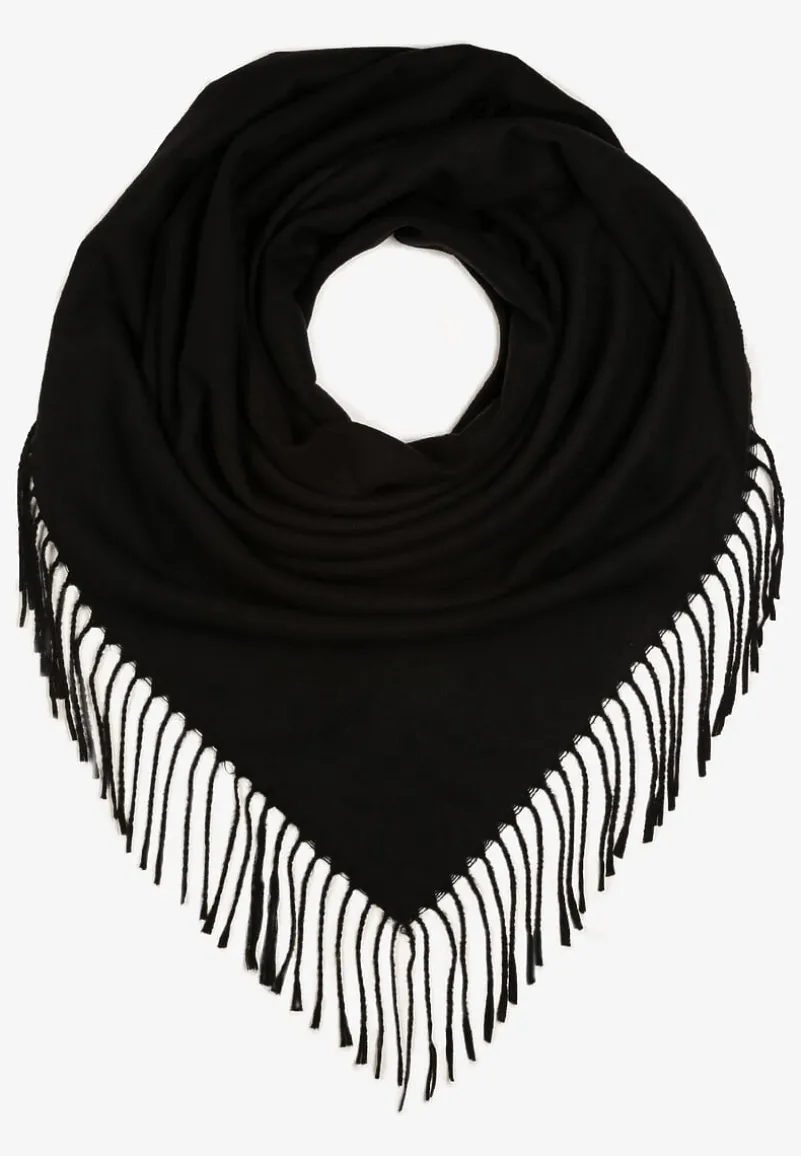 Czarny Szalik z Bawełny i Wiskozy o Kwadratowym Fasonie z Frędzlami Merya