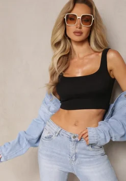 Czarny Tank Top z Elastycznej Bawełny z Głębokim Dekoltem Omaliana