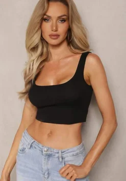 Czarny Tank Top z Elastycznej Bawełny z Głębokim Dekoltem Omaliana