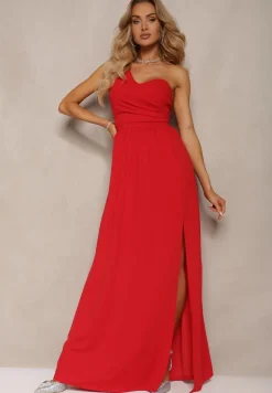 Czerwona Asymetryczna Koktajlowa Sukienka o Długim Rozkloszowanym Kroju Erulia