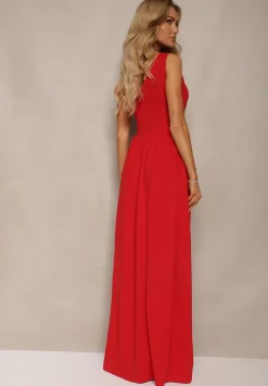 Czerwona Asymetryczna Koktajlowa Sukienka o Długim Rozkloszowanym Kroju Erulia