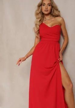 Czerwona Asymetryczna Koktajlowa Sukienka o Długim Rozkloszowanym Kroju Erulia