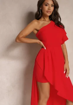 Czerwona Asymetryczna Sukienka Wieczorowa na Jedno Ramię Ozdobiona Falbankami Vimasira
