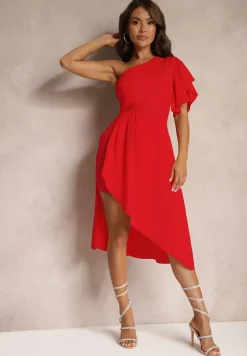 Czerwona Asymetryczna Sukienka Wieczorowa na Jedno Ramię Ozdobiona Falbankami Vimasira