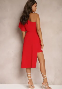 Czerwona Asymetryczna Sukienka Wieczorowa na Jedno Ramię Ozdobiona Falbankami Vimasira