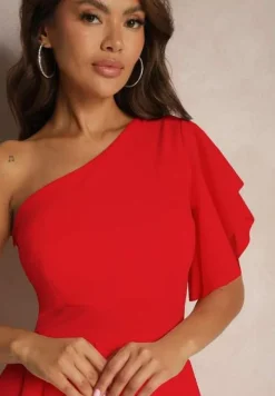 Czerwona Asymetryczna Sukienka Wieczorowa na Jedno Ramię Ozdobiona Falbankami Vimasira