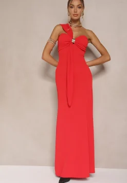 Czerwona Asymetryczna Sukienka Koktajlowa Ozdobiona Metaliczną Aplikacją Divianis