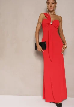 Czerwona Asymetryczna Sukienka Koktajlowa Ozdobiona Metaliczną Aplikacją Divianis