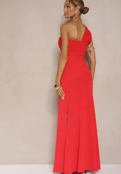 Czerwona Asymetryczna Sukienka Koktajlowa Ozdobiona Metaliczną Aplikacją Divianis