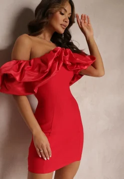 Czerwona Dopasowana Sukienka Mini z Falbanami Denime